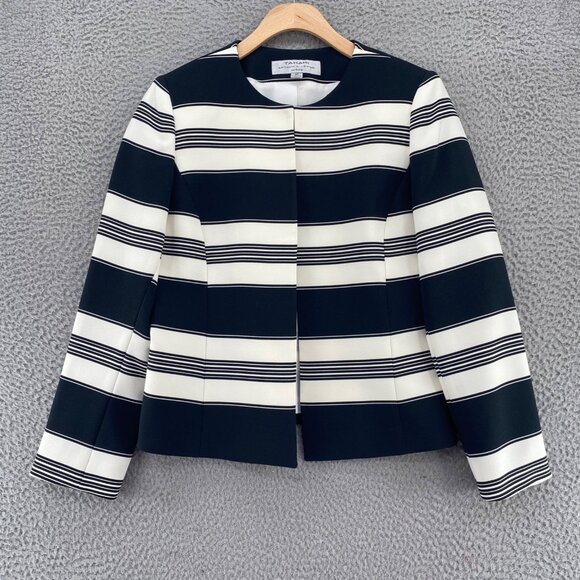 Tahari Jacket Womens 4 Petite Black Ivory Striped Open Front Blazer Office Work - Picture 1 of 9